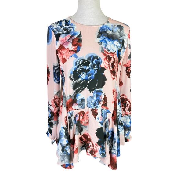 CeCe Pink Peony Floral Print Long Sleeve Peplum Chiffon Tunic Blouse - Picture 1 of 10